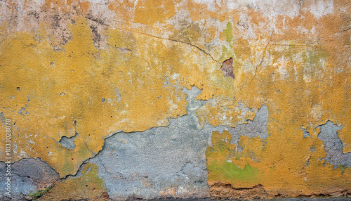 Weathered Wall: A Tapestry of Time and Texture. Golden hues and grey undertones reveal years of stories etched in the aged plaster. A beautiful, raw, and authentic image.