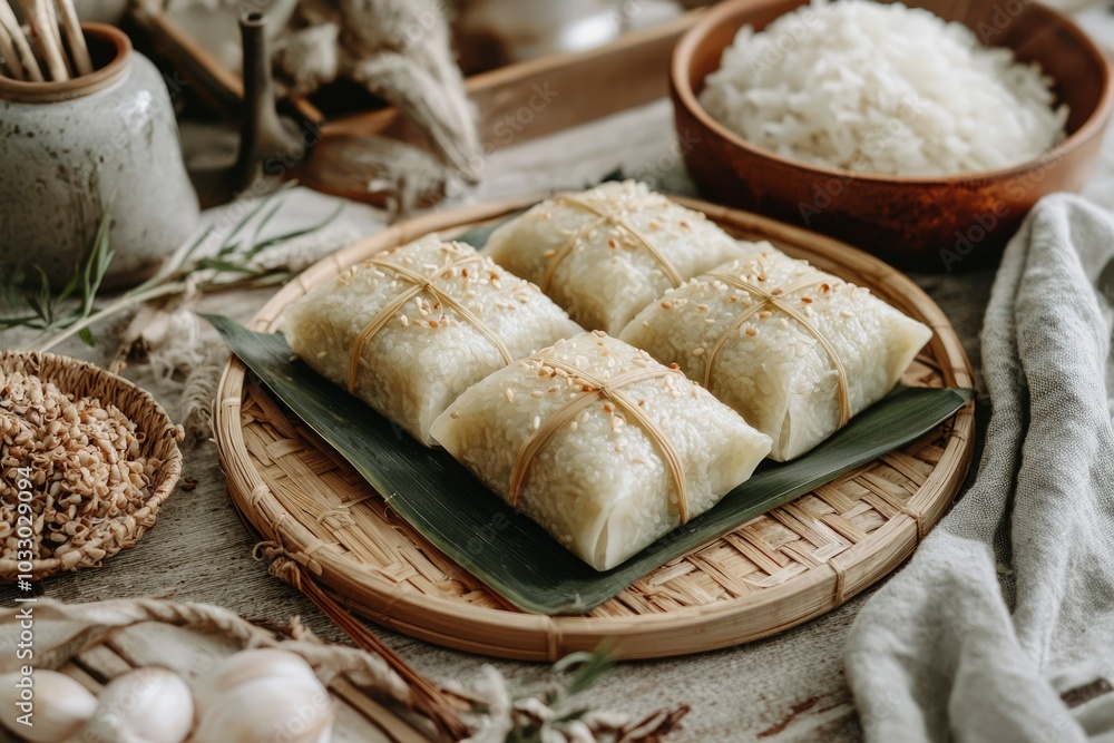Four Sticky Rice Dumplings Wrapped in Banana Leaves and Tied with Straw Four Sticky Rice Dumplings Wrapped in Banana Leaves and Tied with Straw