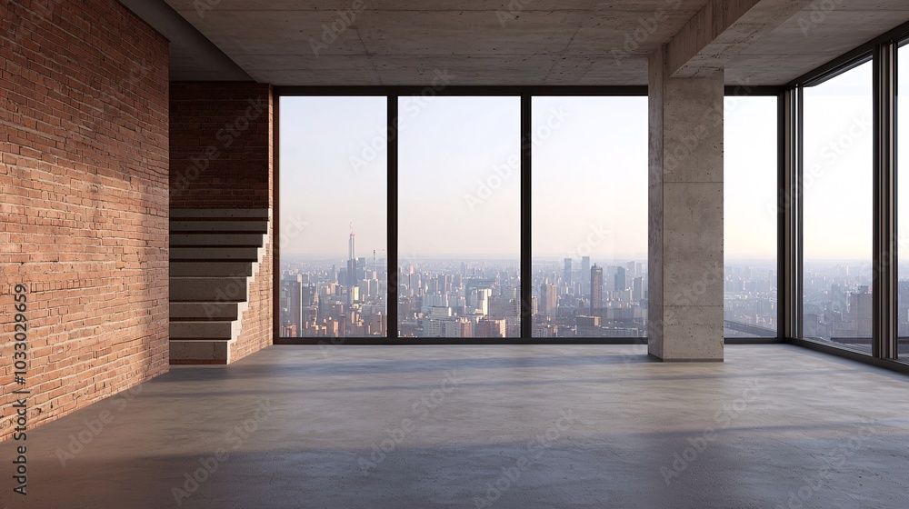 Modern minimalist interior design showcasing expansive city views through large windows and industrial elements in a contemporary setting Modern minimalist interior design showcasing expansive city views through large windows and industrial elements in a contemporary setting