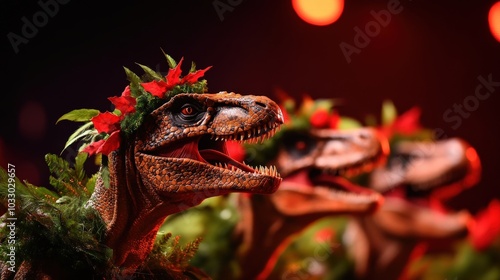 Dinosaur models adorned with flowers, vibrantstage background. photo