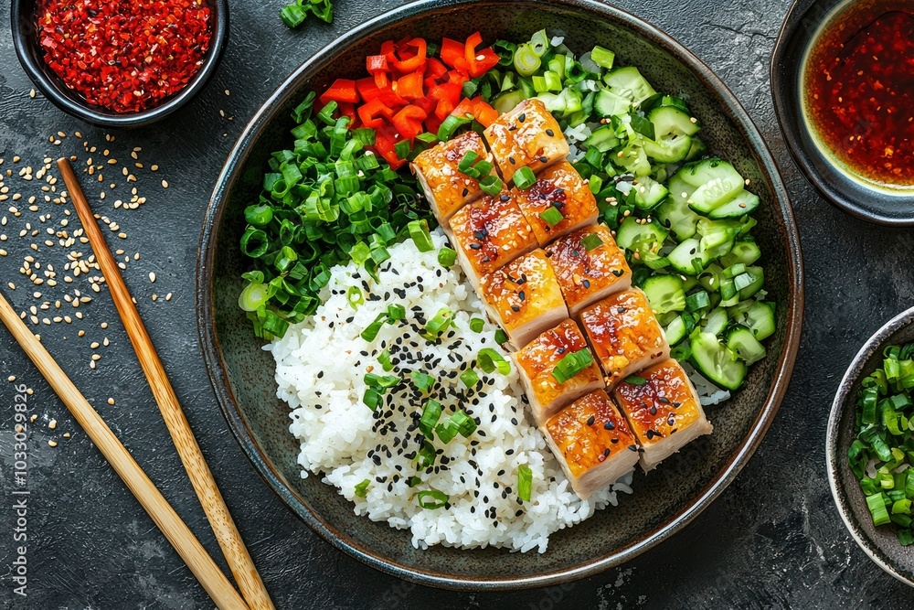 Teriyaki Chicken Bowl with Rice, Cucumber, and Green Onions Teriyaki Chicken Bowl with Rice, Cucumber, and Green Onions