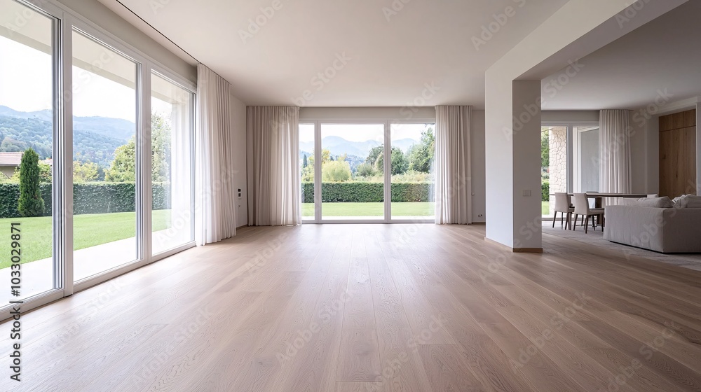 Modern open-concept living space with abundant natural light and scenic views of the outdoor landscape Modern open-concept living space with abundant natural light and scenic views of the outdoor landscape