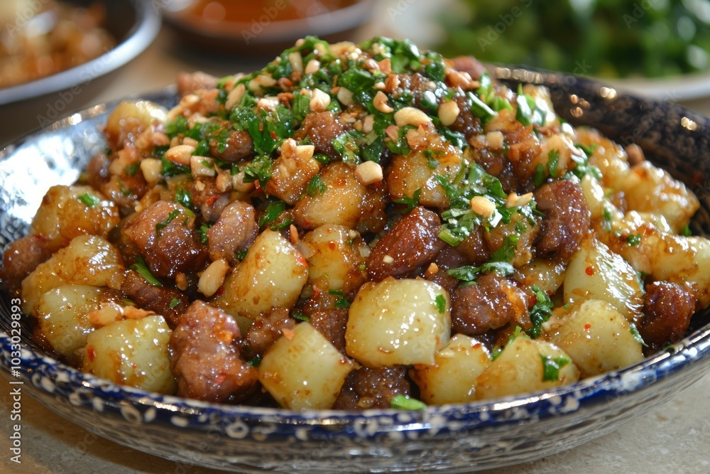 Stir-fried Potatoes, Pork, and Peanuts with Cilantro Stir-fried Potatoes, Pork, and Peanuts with Cilantro