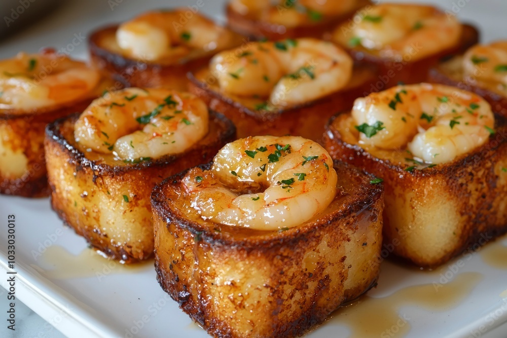 Grilled Shrimp on Toasted Bread with Parsley and Sauce Grilled Shrimp on Toasted Bread with Parsley and Sauce