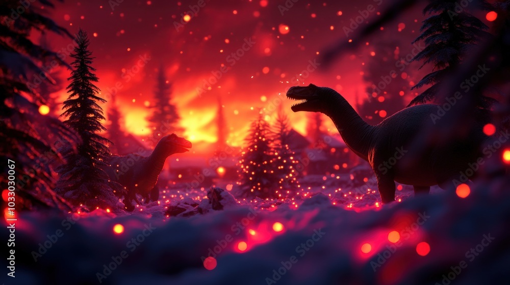Dinosaurs in a snowy landscape with fiery backdrop and glowing lights. Dinosaurs in a snowy landscape with fiery backdrop and glowing lights.