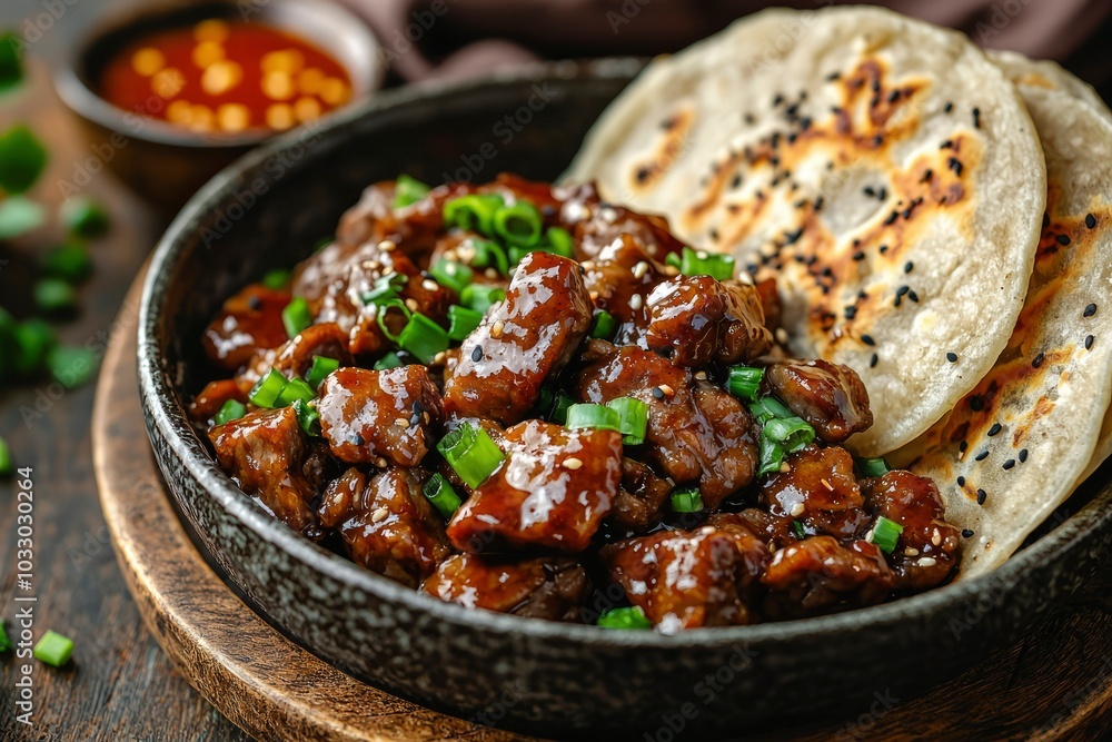 Glazed Beef with Sesame Seeds and Scallions Served with Flatbreads Glazed Beef with Sesame Seeds and Scallions Served with Flatbreads