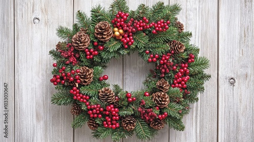 Festive Christmas Wreath with Pinecones and Berries