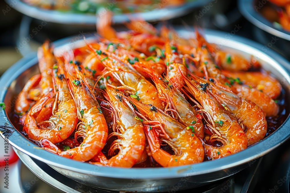 Close-up of a Bowl of Cooked Prawns with Sauce and Green Onions Close-up of a Bowl of Cooked Prawns with Sauce and Green Onions