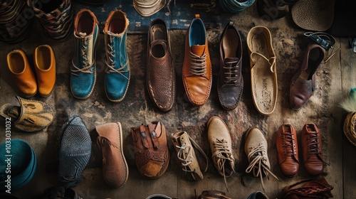 A collection of unique handmade shoes displayed on a rustic table, showcasing various styles, colors, and textures, capturing the diversity of artisanal footwear.