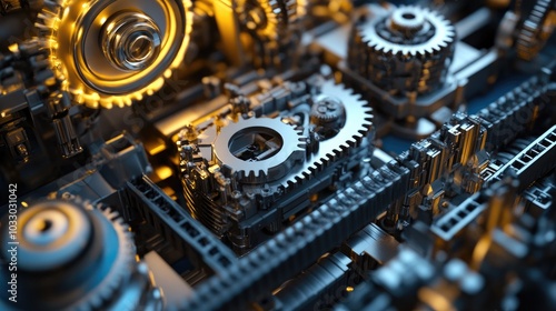 Intricate Close-up of Metallic Gears in Motion