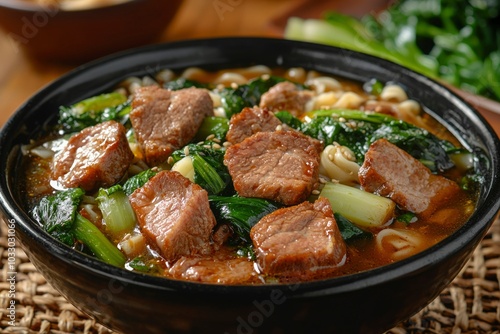 Bowl of Asian Noodle Soup with Pork, Greens, and Sesame Seeds