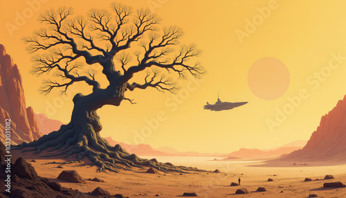 Silhouette of a tree in a desert landscape with an airplane overhead