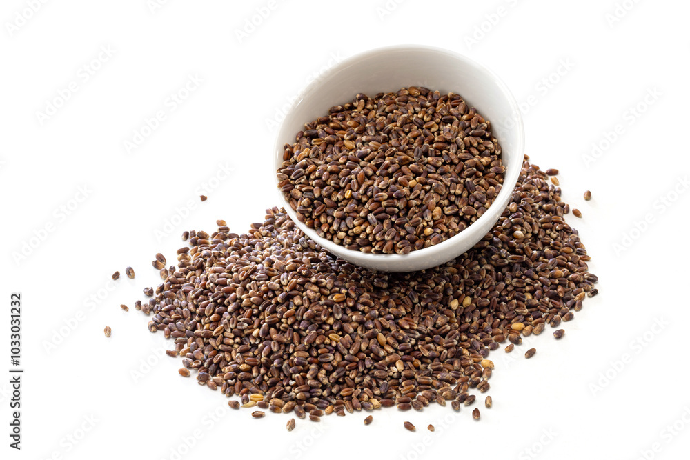 a bowl of rye kernels on white background. a bowl of rye kernels on white background.