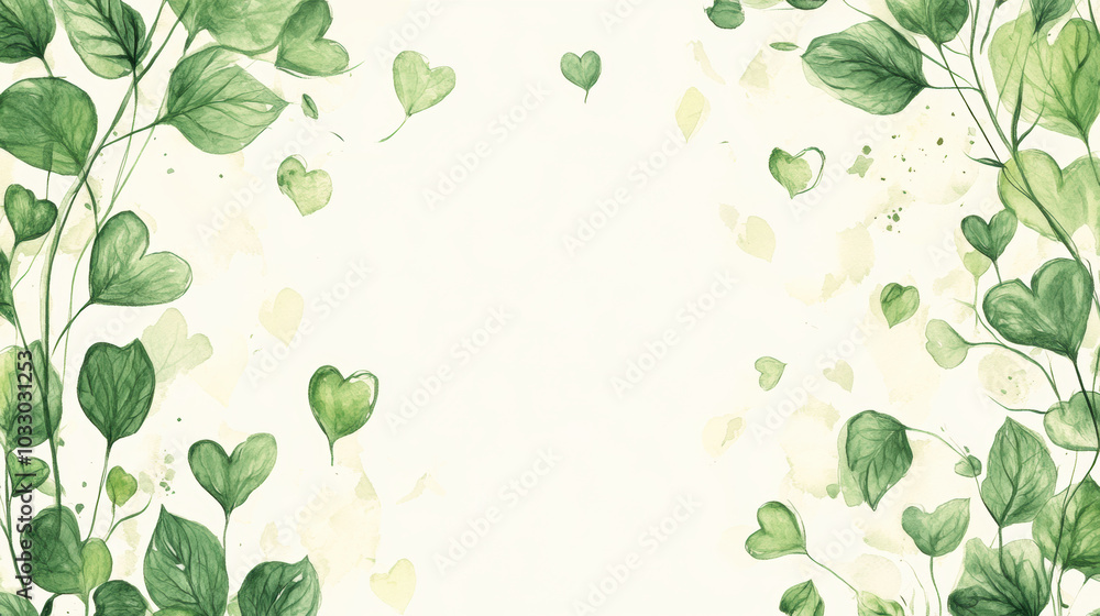 Heart-shaped green leaves border with white background design Heart-shaped green leaves border with white background design