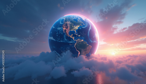 Glowing planet Earth floating in space with a view of the sunrise