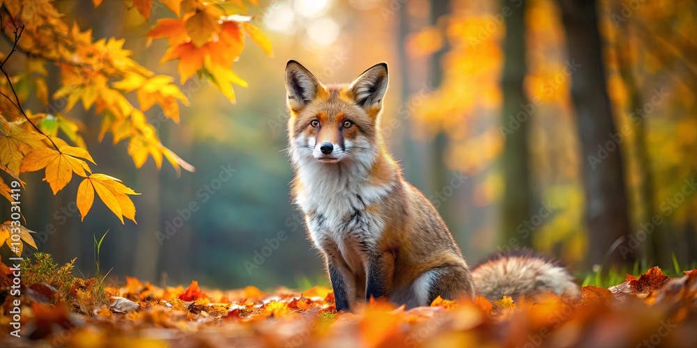 Fototapeta premium A solitary fox sits amidst a carpet of fallen leaves, the warm autumn sunlight filtering through the trees, casting an ethereal glow on the scene.