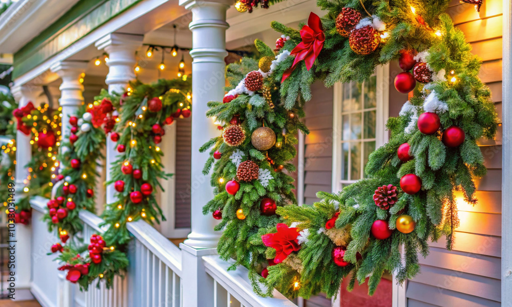A festive garland of twigs and toys decorates the porch of the house A festive garland of twigs and toys decorates the porch of the house