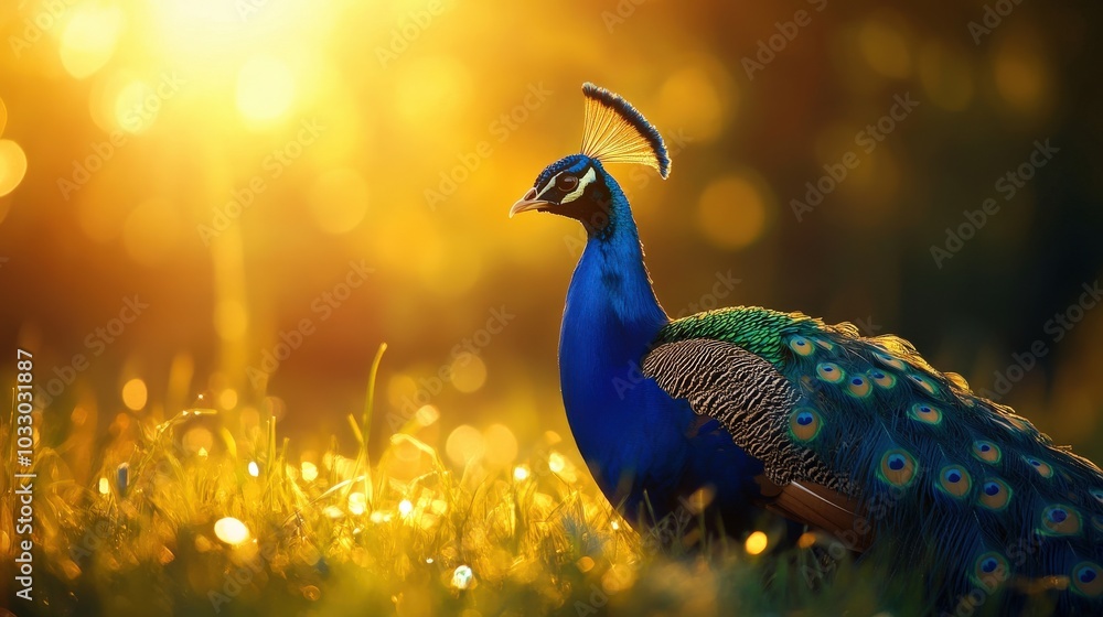 Peacock displaying vibrant feathers in a sunlit meadow. Peacock displaying vibrant feathers in a sunlit meadow.