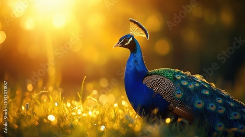 Wallpaper Mural Peacock displaying vibrant feathers in a sunlit meadow. Torontodigital.ca