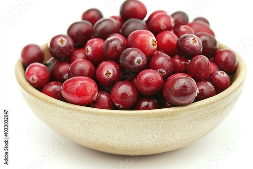 Red Cranberries in a Beige Bowl on a White Background