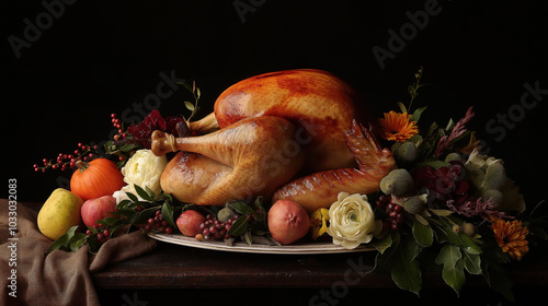 roasted poultry turkey or chicken with vegetables special holiday meal for christmas of thanksgiving elegant presentation dark background still life flowers table tablecloth photo