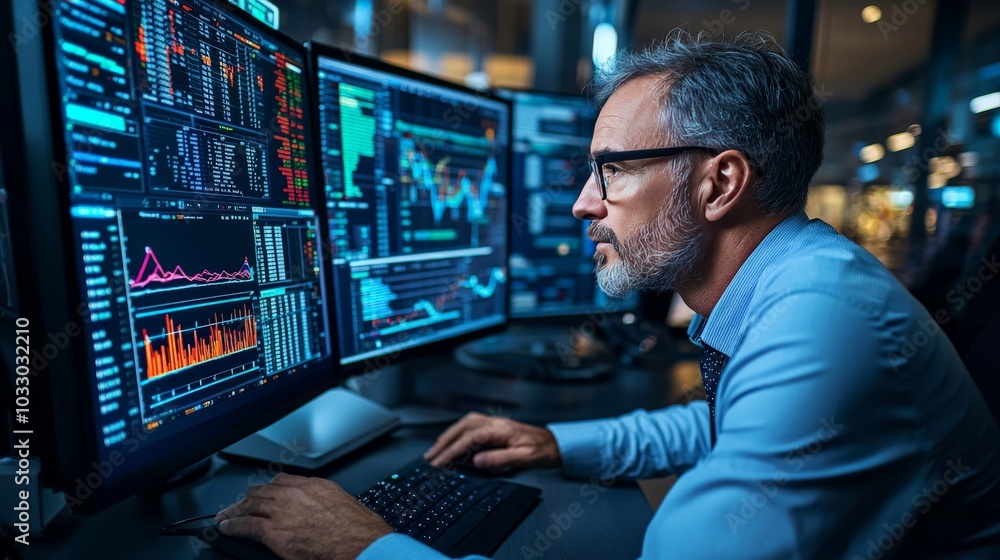 An actuary analyzing financial risks, reviewing graphs and complex models on a computer in a corporate office An actuary analyzing financial risks, reviewing graphs and complex models on a computer in a corporate office