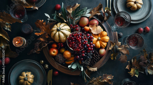 seasonal still life with christmas decorations harvest thanksgiving table of food display autumn moody sophisticated presentation of gourds berries apples dried fall leaves holiday wallpaper backdrop