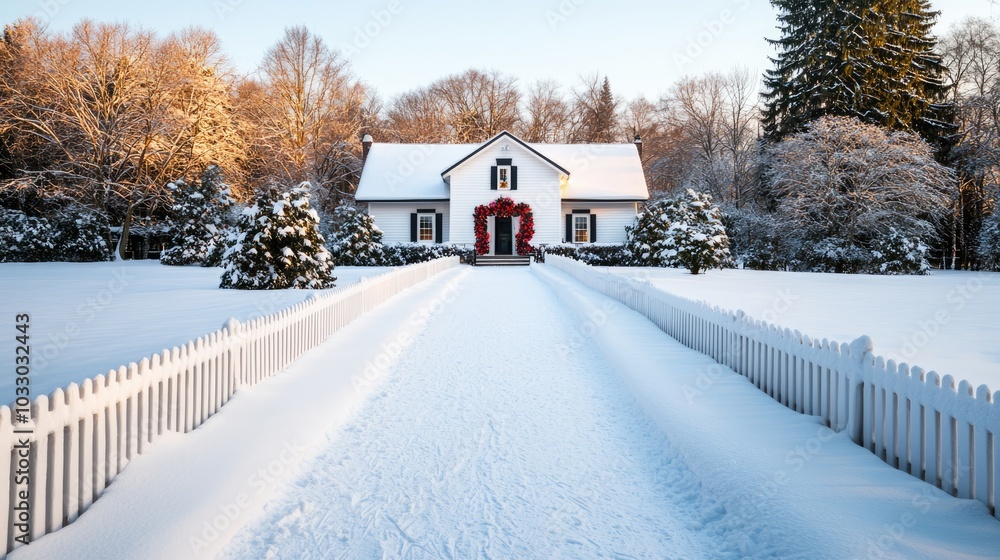 A charming snow-covered house with a white picket fence, surrounded by winter scenery and adorned with festive decorations.