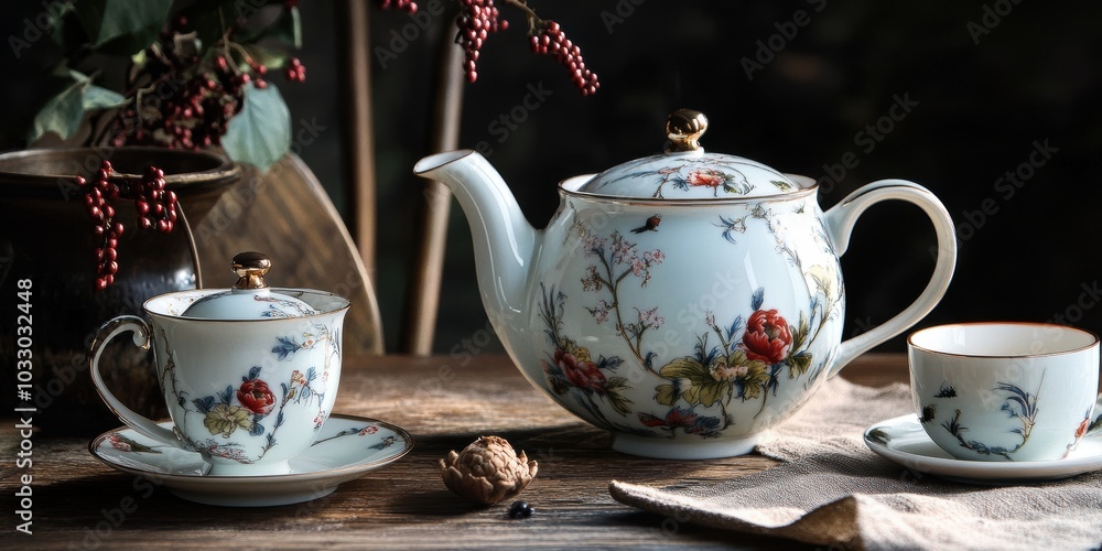 Fototapeta premium Floral tea set on wooden table.