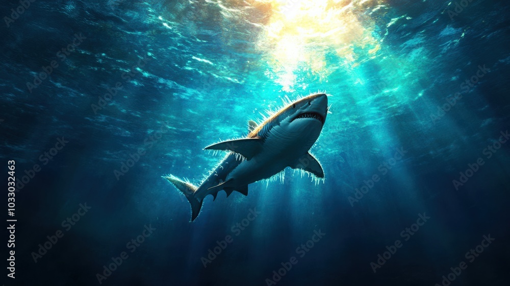 Fototapeta premium Shark swimming elegantly in sunlit ocean depths with serene blue water.
