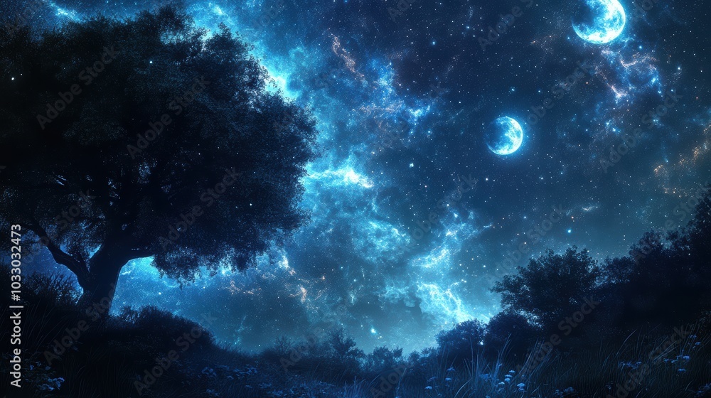 Fototapeta premium Silhouetted trees under a starry sky.