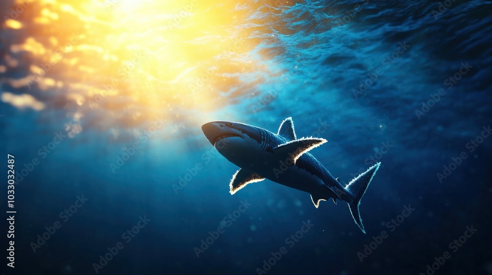 Obraz premium Shark swimming gracefully in sunlit underwater environment.