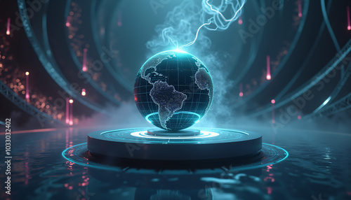 Glowing globe in a futuristic chamber with digital effects