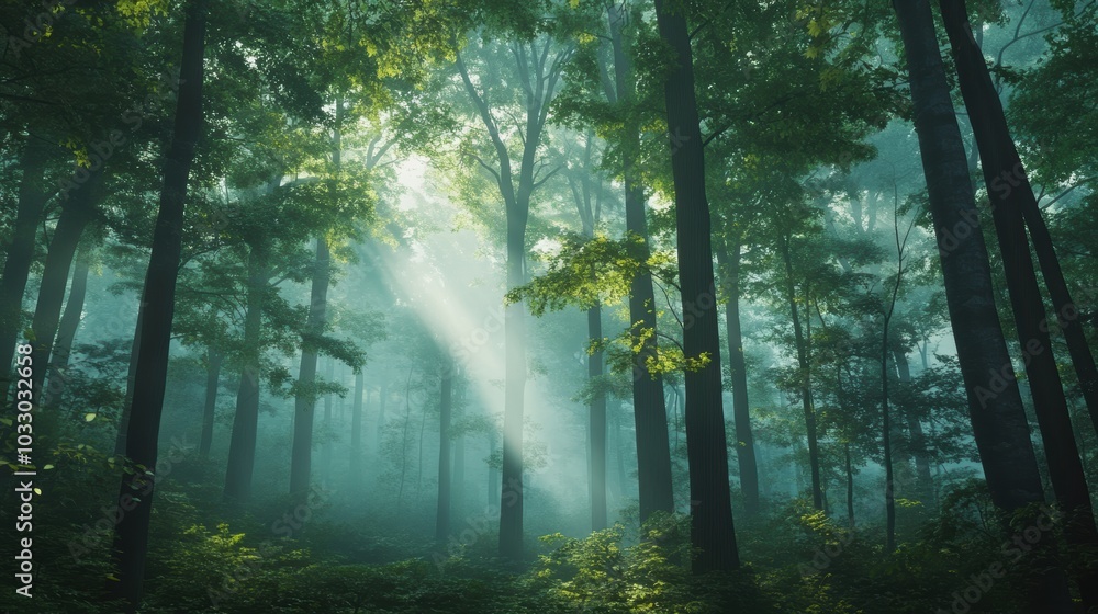 Obraz premium Sunbeams through misty, green forest.