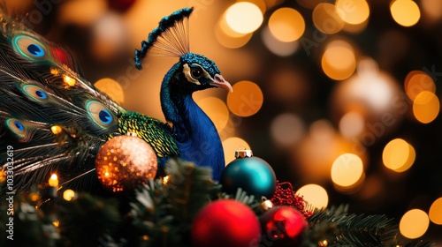 Vibrant peacock adorned with Christmas ornaments against a blurred festive background.