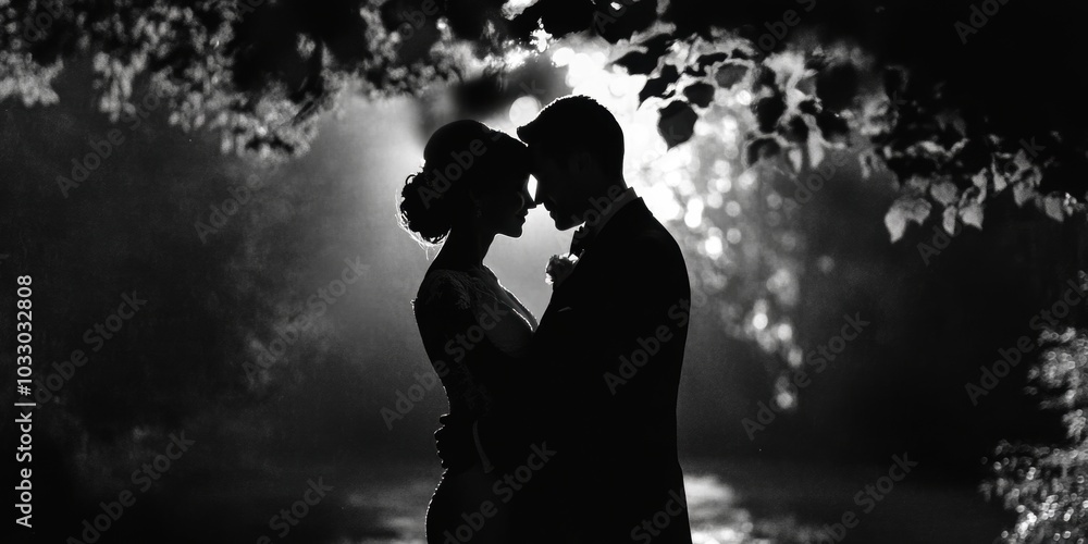 Silhouettes of a couple embracing under trees. Silhouettes of a couple embracing under trees.