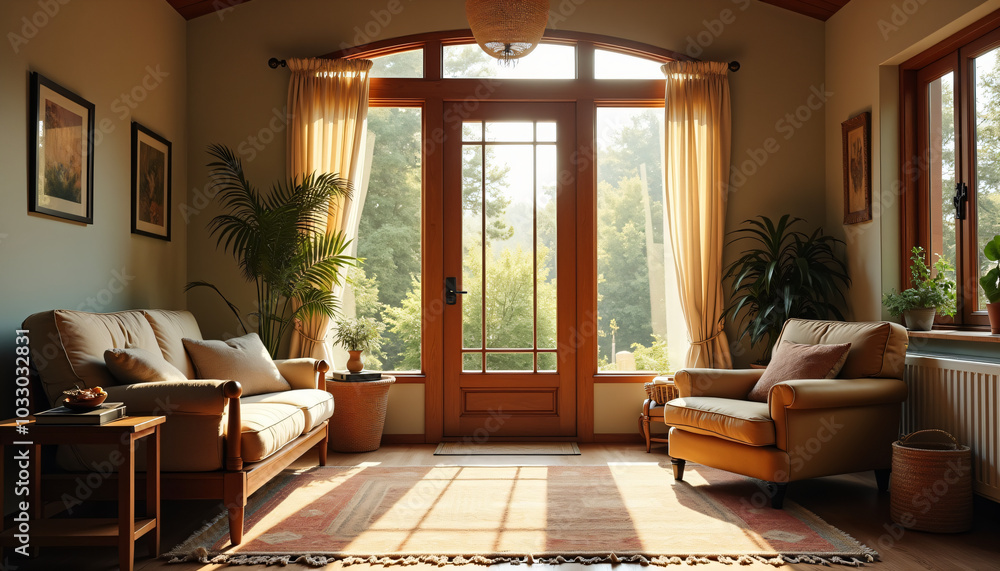 Sunlit living room with cozy furniture and large windows Sunlit living room with cozy furniture and large windows