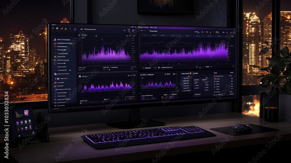Modern Desktop Setup with Data Visualization at Night Modern Desktop Setup with Data Visualization at Night