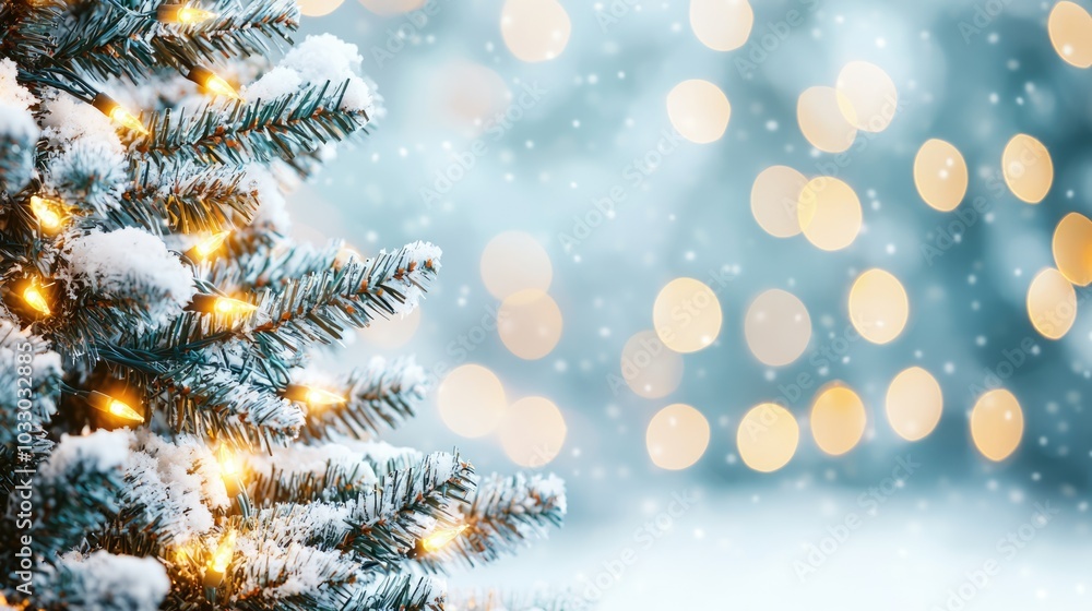 A snowy Christmas tree adorned with glowing lights, set against a backdrop of blurred festive bokeh, evokes a warm holiday spirit. A snowy Christmas tree adorned with glowing lights, set against a backdrop of blurred festive bokeh, evokes a warm holiday spirit.