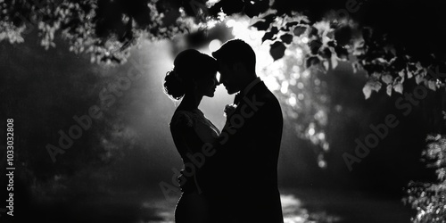 Silhouettes of a couple embracing under trees.