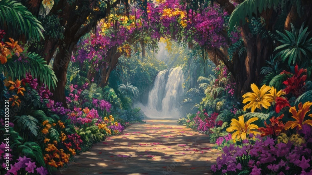 A vibrant floral-lined tree tunnel leading toward a misty waterfall, surrounded by tropical flowers in shades of red, yellow, and purple, creating a picturesque natural escape. A vibrant floral-lined tree tunnel leading toward a misty waterfall, surrounded by tropical flowers in shades of red, yellow, and purple, creating a picturesque natural escape.