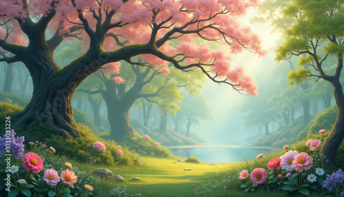 Beautiful enchanted forest with a glowing tree at sunset