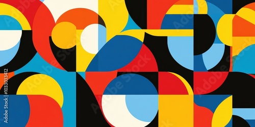 Abstract geometric pattern of red, blue, yellow, and black.