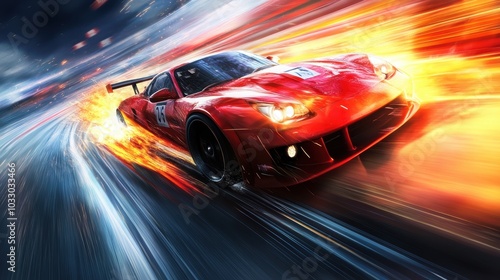 A red sports car speeding on a fiery road.