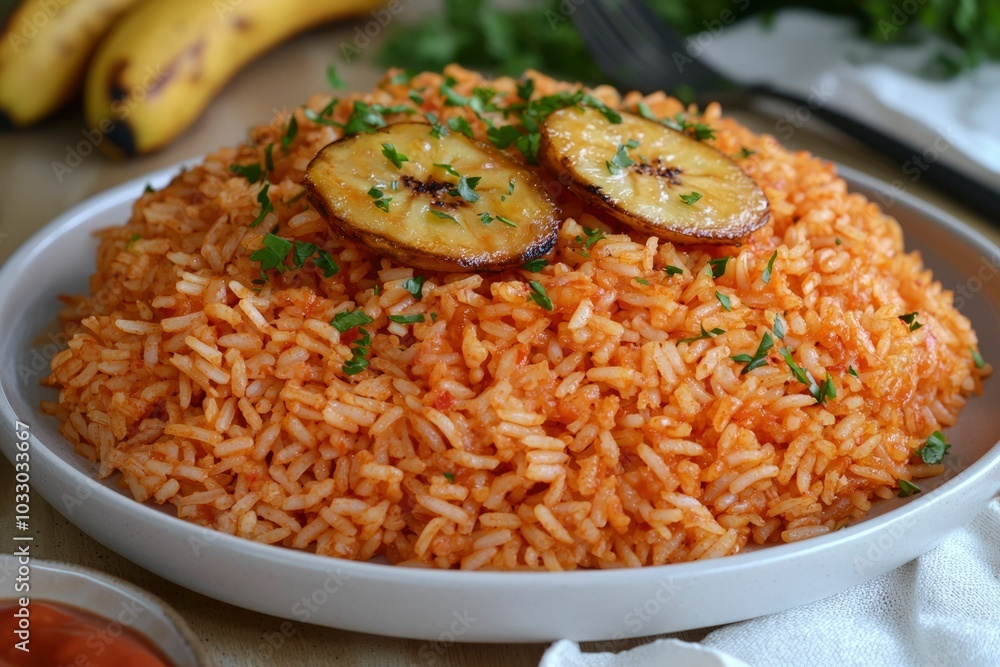 A Plate of Red Rice with Fried Banana Slices and Parsley Garnish A Plate of Red Rice with Fried Banana Slices and Parsley Garnish