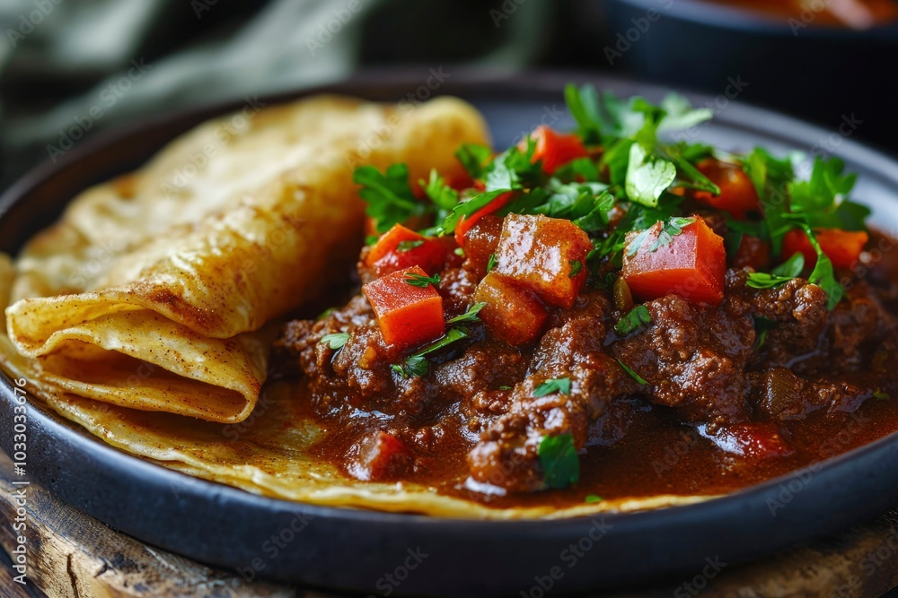 Beef Stew with Red Peppers and Parsley Served with Flatbread Beef Stew with Red Peppers and Parsley Served with Flatbread