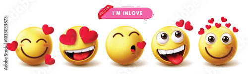 Emoji in love characters vector set. Emojis emoticon character in 3d in love yellow emoticon blush, kiss, obsessed and attract facial expression graphic elements icon collection. Vector illustration 