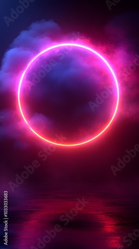 A brightly colored glowing ring floating in the middle of a cloud of smoke gives a sense of mystery and supernatural energy. It can be used as a symbol of creativity or novelty in design or marketing.