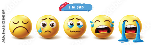 Emoji sad 3d characters vector set. Emojis emoticons in unhappy, crying, sorrow, regret, and miserable face social media icon collection. Vector illustration sad yellow emoticon collection.
