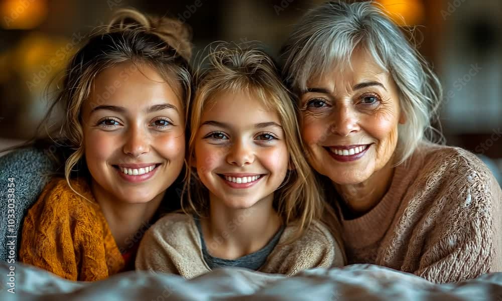 Child, mom, and grandma smiling together on a bed. Child, mom, and grandma smiling together on a bed.